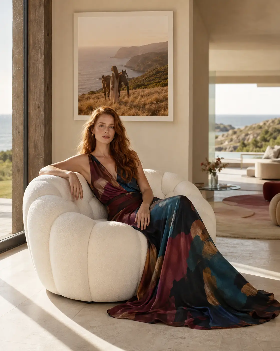Auburn-haired woman seated in a sunlit coastal lounge