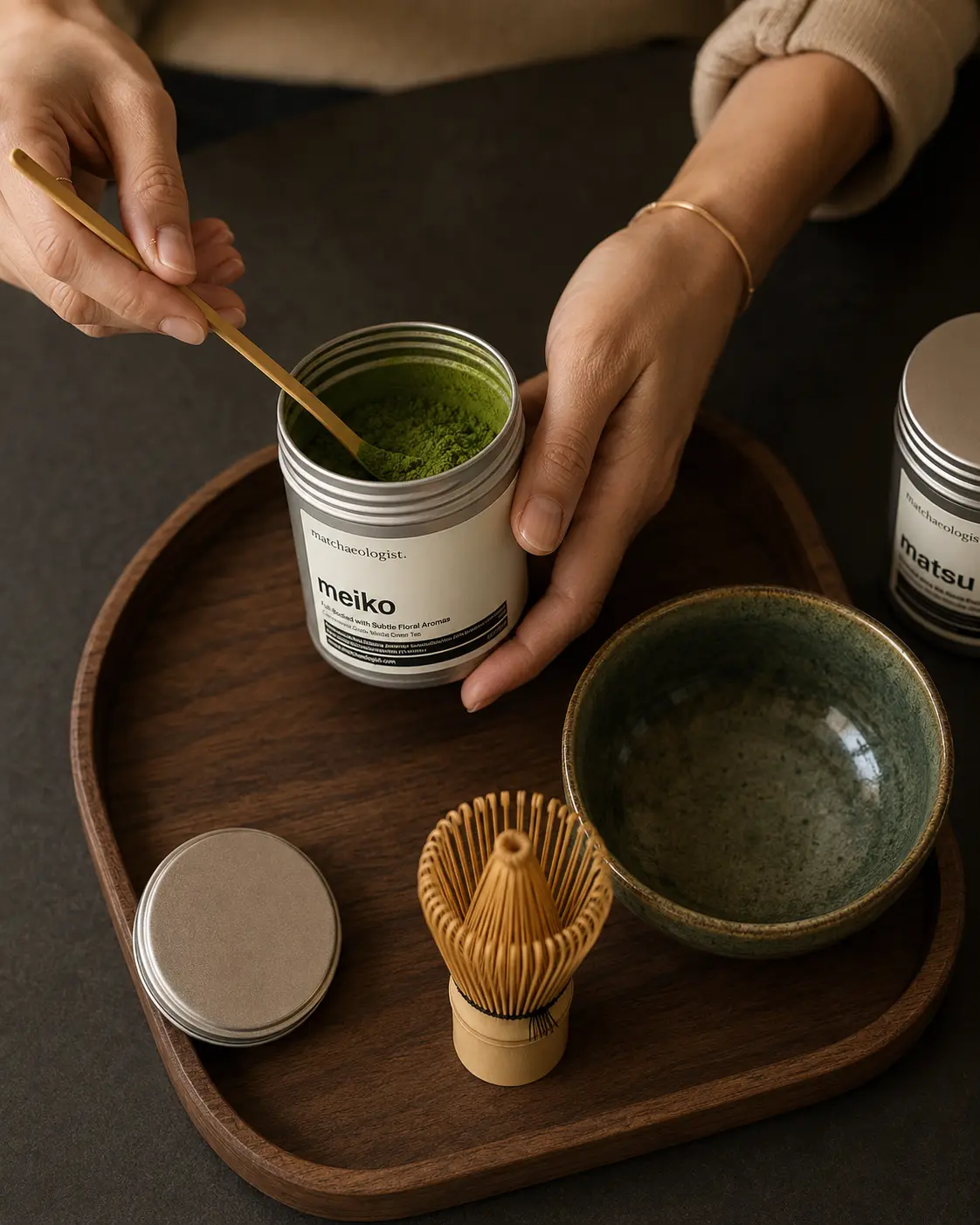 Hands preparing Meiko matcha with a bamboo scoop, bowl and whisk
