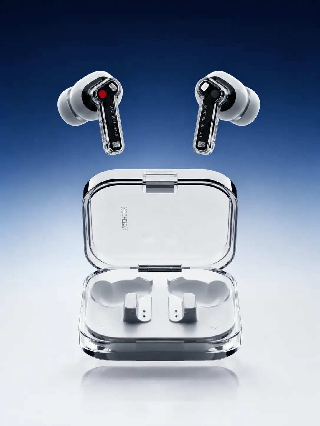 Transparent wireless earbuds floating above their open charging case against a blue gradient