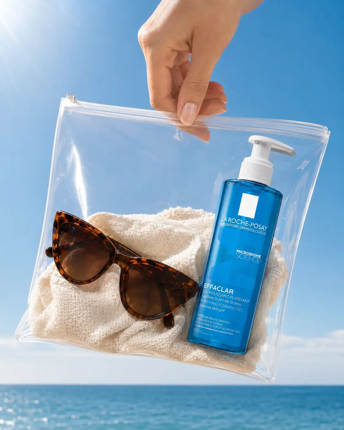 Blue sunscreen bottle, sunglasses and towel inside a transparent beach pouch