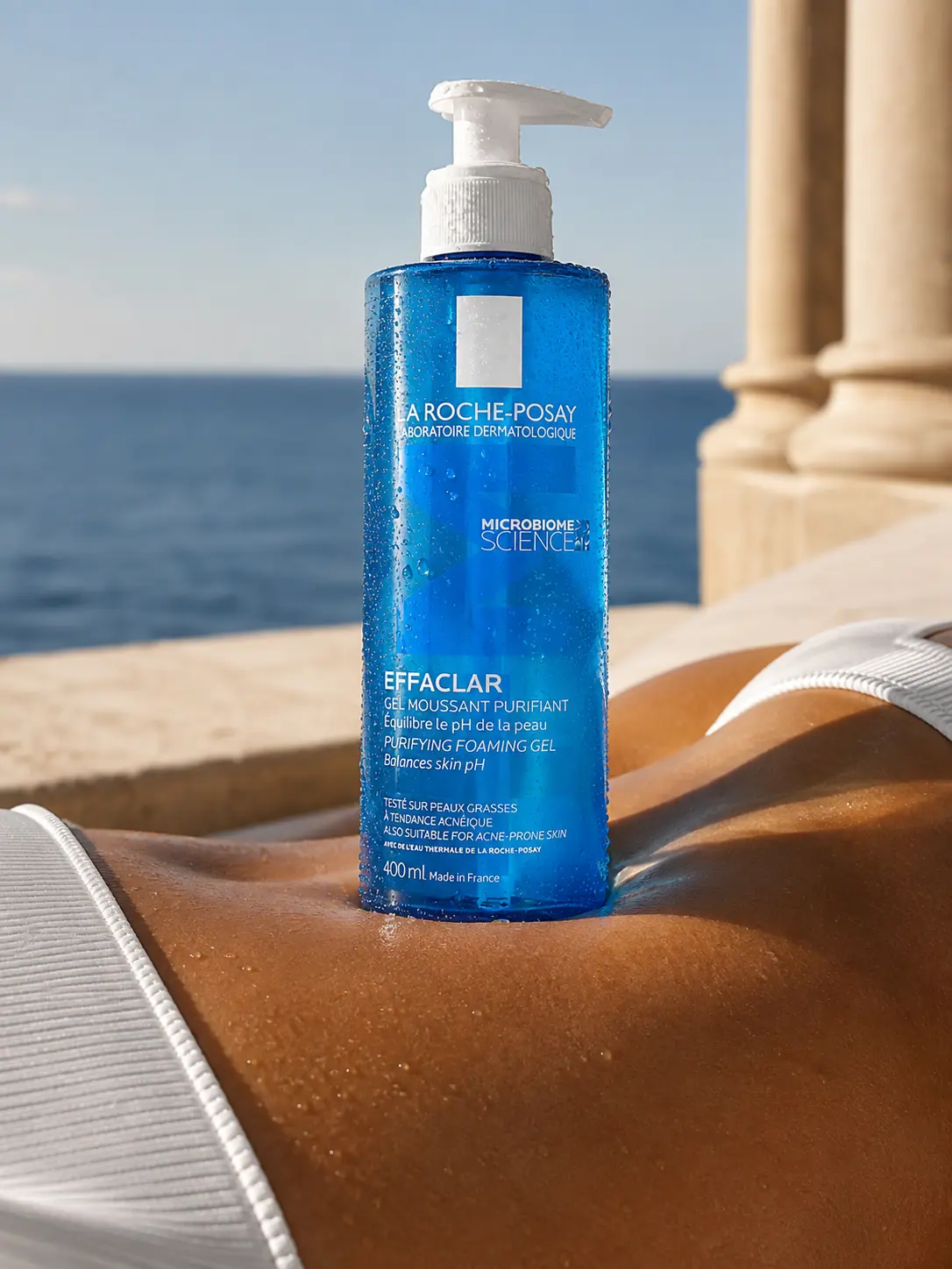 Blue sunscreen bottle styled on a sunlit lounge chair beside the sea