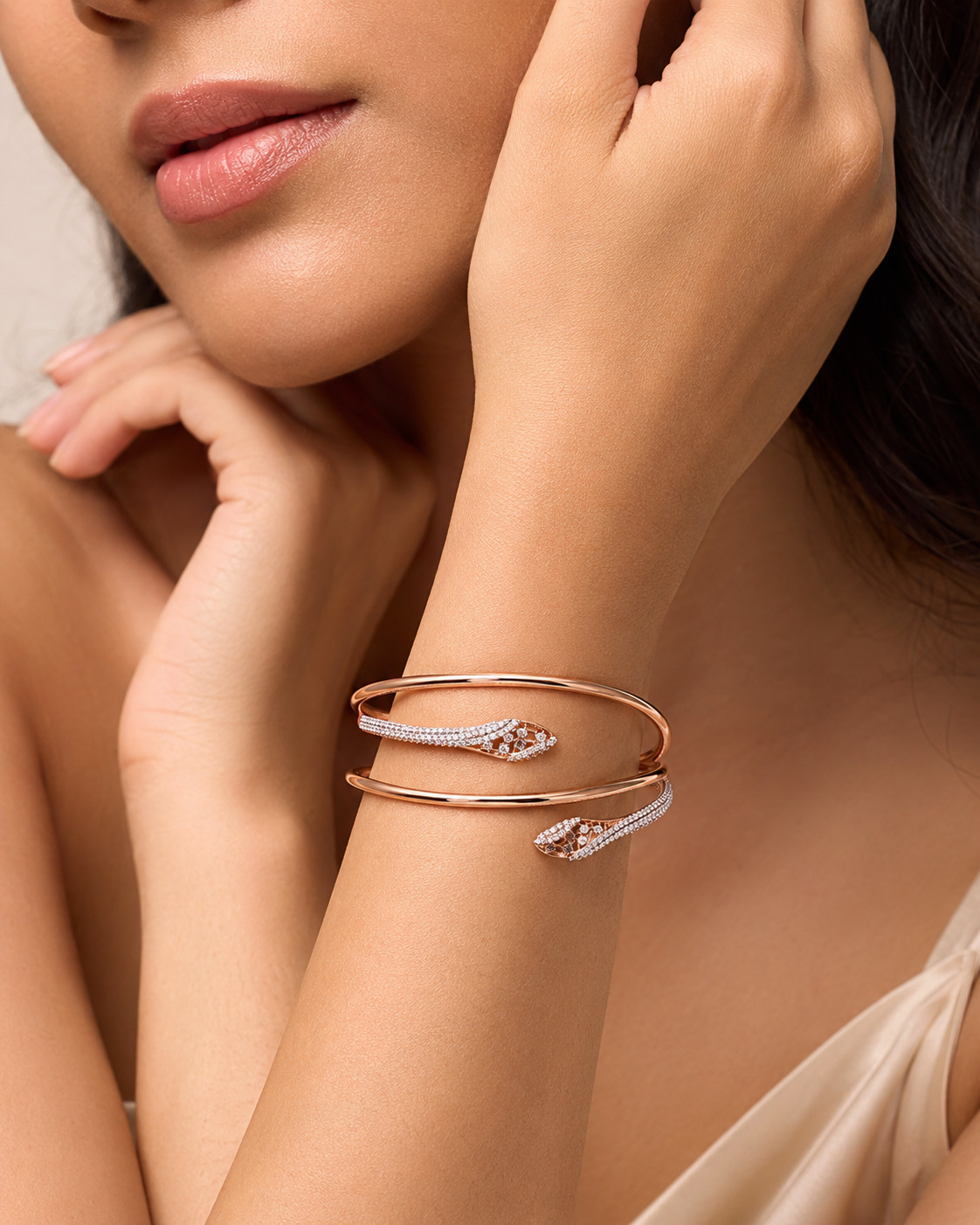 High-polish rose-gold and diamond cuff bracelet in a close beauty composition