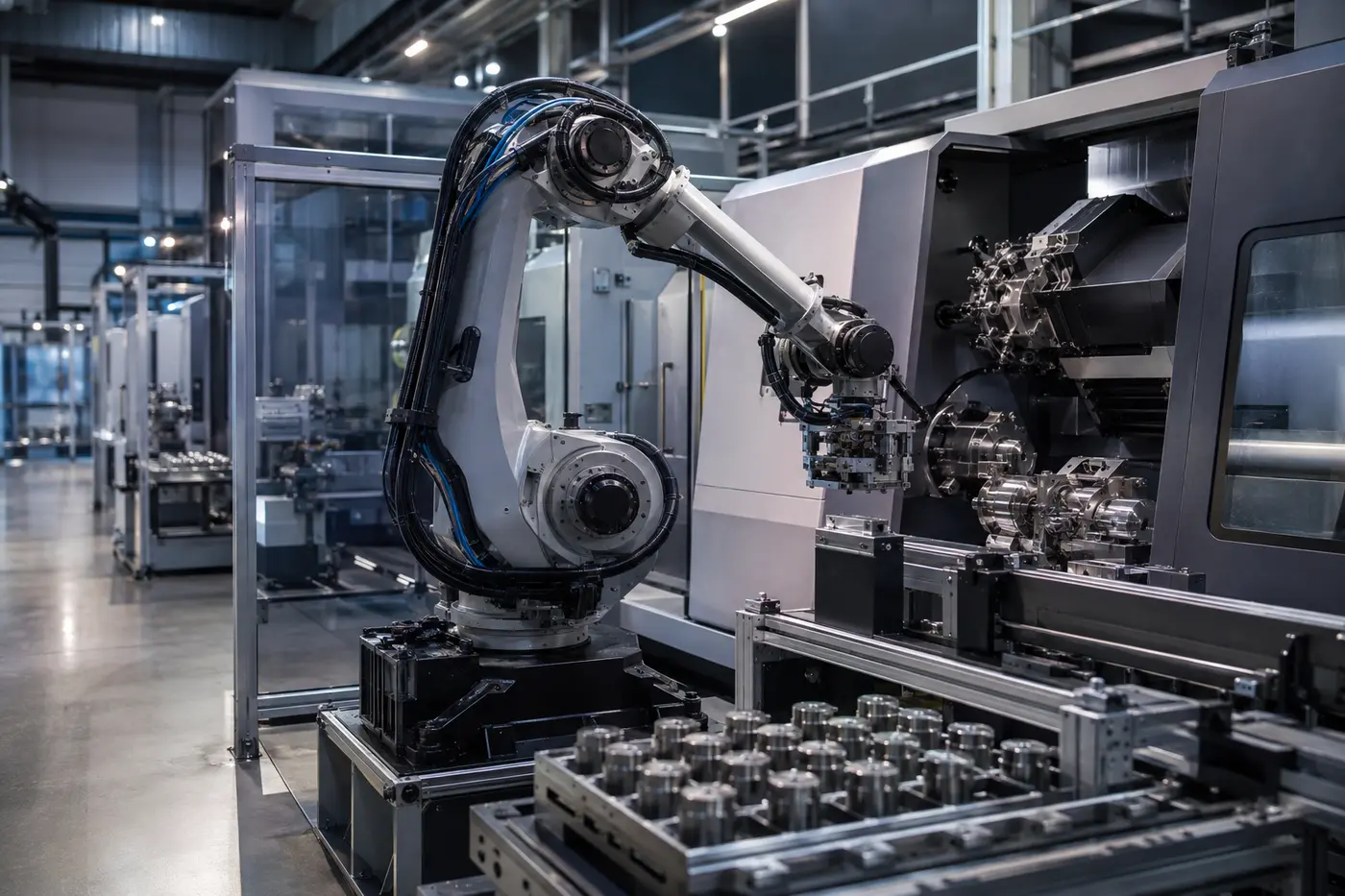Robotic production equipment operating inside a modern precision-manufacturing facility