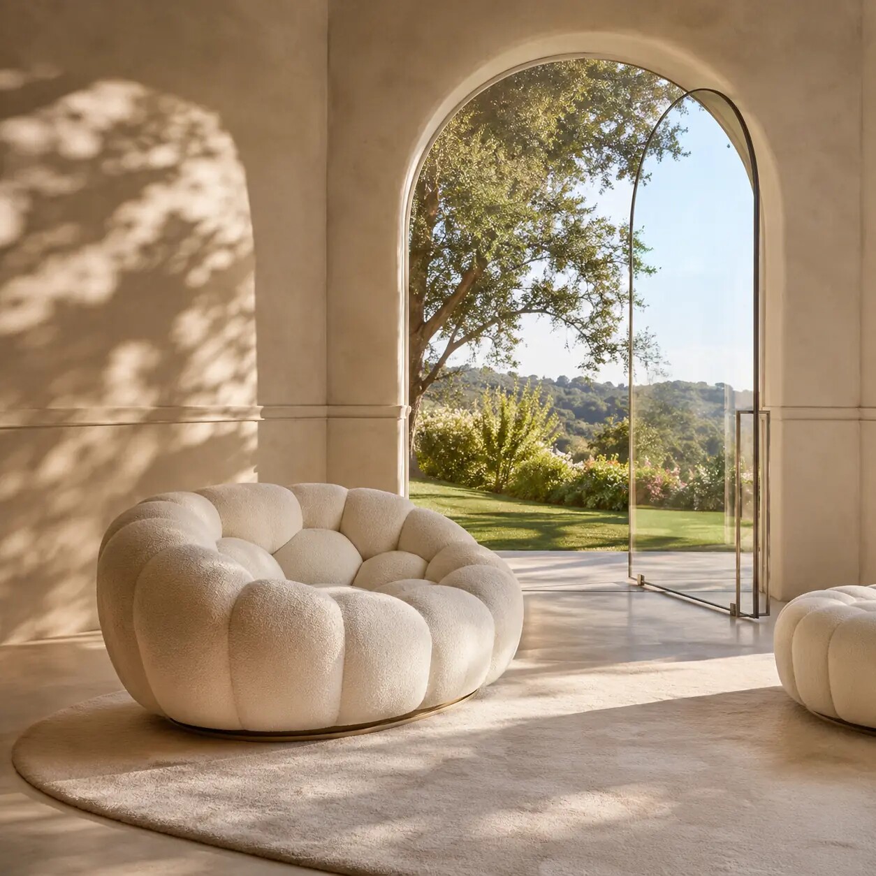 Sunlit luxury residence interior with an arched garden doorway